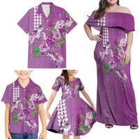 Hawaii Aloha Turtle Hibiscus and Leaves Family Matching Off Shoulder Maxi Dress and Hawaiian Shirt with Polynesian and Kakau Tattoos Lilac Color - Polynesian Pride