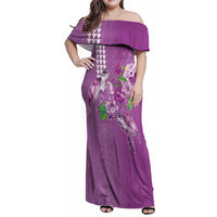 Hawaii Aloha Turtle Hibiscus and Leaves Family Matching Off Shoulder Maxi Dress and Hawaiian Shirt with Polynesian and Kakau Tattoos Lilac Color - Polynesian Pride