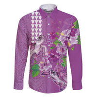 Hawaii Aloha Turtle Hibiscus and Leaves Family Matching Off Shoulder Short Dress and Hawaiian Shirt with Polynesian and Kakau Tattoos Lilac Color - Polynesian Pride