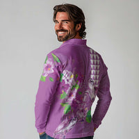 Hawaii Aloha Turtle Hibiscus and Leaves Long Sleeve Polo Shirt with Polynesian and Kakau Tattoos Lilac Color - Polynesian Pride