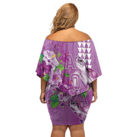 Hawaii Aloha Turtle Hibiscus and Leaves Off Shoulder Short Dress with Polynesian and Kakau Tattoos Lilac Color - Polynesian Pride