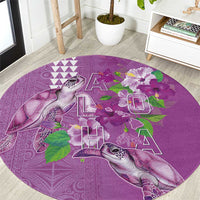 Hawaii Aloha Turtle Hibiscus and Leaves Round Carpet with Polynesian and Kakau Tattoos Lilac Color - Polynesian Pride