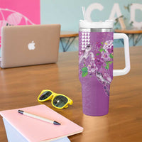 Hawaii Aloha Turtle Hibiscus and Leaves Tumbler With Handle with Polynesian and Kakau Tattoos Lilac Color - Polynesian Pride