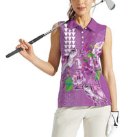 Hawaii Aloha Turtle Hibiscus and Leaves Women Sleeveless Polo Shirt with Polynesian and Kakau Tattoos Lilac Color - Polynesian Pride