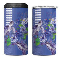Hawaii Aloha Turtle Hibiscus and Leaves 4 in 1 Can Cooler Tumbler with Polynesian and Kakau Tattoos Denim Color - Polynesian Pride