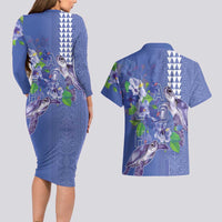 Hawaii Aloha Turtle Hibiscus and Leaves Couples Matching Long Sleeve Bodycon Dress and Hawaiian Shirt with Polynesian and Kakau Tattoos Denim Color - Polynesian Pride