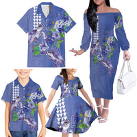 Hawaii Aloha Turtle Hibiscus and Leaves Family Matching Off The Shoulder Long Sleeve Dress and Hawaiian Shirt with Polynesian and Kakau Tattoos Denim Color - Polynesian Pride