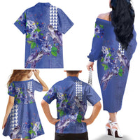 Hawaii Aloha Turtle Hibiscus and Leaves Family Matching Off The Shoulder Long Sleeve Dress and Hawaiian Shirt with Polynesian and Kakau Tattoos Denim Color - Polynesian Pride
