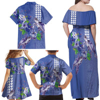 Hawaii Aloha Turtle Hibiscus and Leaves Family Matching Off Shoulder Maxi Dress and Hawaiian Shirt with Polynesian and Kakau Tattoos Denim Color - Polynesian Pride