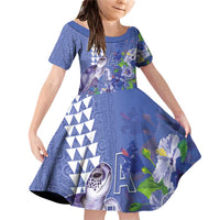 Hawaii Aloha Turtle Hibiscus and Leaves Family Matching Off Shoulder Short Dress and Hawaiian Shirt with Polynesian and Kakau Tattoos Denim Color - Polynesian Pride