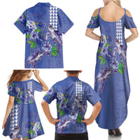Hawaii Aloha Turtle Hibiscus and Leaves Family Matching Summer Maxi Dress and Hawaiian Shirt with Polynesian and Kakau Tattoos Denim Color - Polynesian Pride