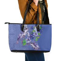 Hawaii Aloha Turtle Hibiscus and Leaves Leather Tote Bag with Polynesian and Kakau Tattoos Denim Color - Polynesian Pride