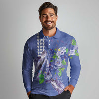 Hawaii Aloha Turtle Hibiscus and Leaves Long Sleeve Polo Shirt with Polynesian and Kakau Tattoos Denim Color - Polynesian Pride
