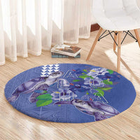 Hawaii Aloha Turtle Hibiscus and Leaves Round Carpet with Polynesian and Kakau Tattoos Denim Color - Polynesian Pride