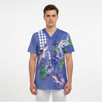 Hawaii Aloha Turtle Hibiscus and Leaves Scrub Top with Polynesian and Kakau Tattoos Denim Color - Polynesian Pride