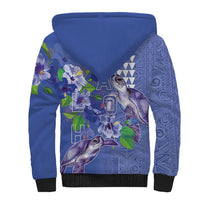 Hawaii Aloha Turtle Hibiscus and Leaves Sherpa Hoodie with Polynesian and Kakau Tattoos Denim Color - Polynesian Pride