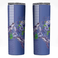 Hawaii Aloha Turtle Hibiscus and Leaves Skinny Tumbler with Polynesian and Kakau Tattoos Denim Color - Polynesian Pride