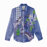 Hawaii Aloha Turtle Hibiscus and Leaves Women Casual Shirt with Polynesian and Kakau Tattoos Denim Color - Polynesian Pride