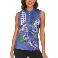 Hawaii Aloha Turtle Hibiscus and Leaves Women Sleeveless Polo Shirt with Polynesian and Kakau Tattoos Denim Color - Polynesian Pride