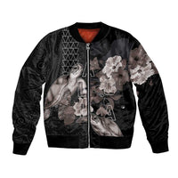 Hawaii Aloha Turtle Hibiscus and Leaves Bomber Jacket with Polynesian and Kakau Tattoos Black Color - Polynesian Pride