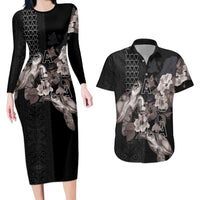 Hawaii Aloha Turtle Hibiscus and Leaves Couples Matching Long Sleeve Bodycon Dress and Hawaiian Shirt with Polynesian and Kakau Tattoos Black Color - Polynesian Pride