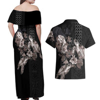 Hawaii Aloha Turtle Hibiscus and Leaves Couples Matching Off Shoulder Maxi Dress and Hawaiian Shirt with Polynesian and Kakau Tattoos Black Color - Polynesian Pride