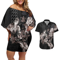 Hawaii Aloha Turtle Hibiscus and Leaves Couples Matching Off Shoulder Short Dress and Hawaiian Shirt with Polynesian and Kakau Tattoos Black Color - Polynesian Pride