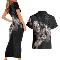 Hawaii Aloha Turtle Hibiscus and Leaves Couples Matching Short Sleeve Bodycon Dress and Hawaiian Shirt with Polynesian and Kakau Tattoos Black Color - Polynesian Pride