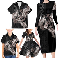 Hawaii Aloha Turtle Hibiscus and Leaves Family Matching Long Sleeve Bodycon Dress and Hawaiian Shirt with Polynesian and Kakau Tattoos Black Color - Polynesian Pride