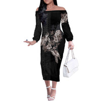 Hawaii Aloha Turtle Hibiscus and Leaves Family Matching Off The Shoulder Long Sleeve Dress and Hawaiian Shirt with Polynesian and Kakau Tattoos Black Color - Polynesian Pride