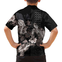 Hawaii Aloha Turtle Hibiscus and Leaves Family Matching Off Shoulder Short Dress and Hawaiian Shirt with Polynesian and Kakau Tattoos Black Color - Polynesian Pride