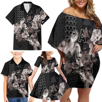 Hawaii Aloha Turtle Hibiscus and Leaves Family Matching Off Shoulder Short Dress and Hawaiian Shirt with Polynesian and Kakau Tattoos Black Color - Polynesian Pride