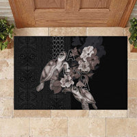 Hawaii Aloha Turtle Hibiscus and Leaves Rubber Doormat with Polynesian and Kakau Tattoos Black Color - Polynesian Pride