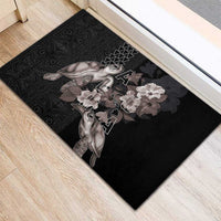 Hawaii Aloha Turtle Hibiscus and Leaves Rubber Doormat with Polynesian and Kakau Tattoos Black Color - Polynesian Pride