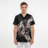 Hawaii Aloha Turtle Hibiscus and Leaves Scrub Top with Polynesian and Kakau Tattoos Black Color - Polynesian Pride