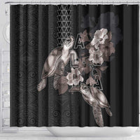 Hawaii Aloha Turtle Hibiscus and Leaves Shower Curtain with Polynesian and Kakau Tattoos Black Color - Polynesian Pride