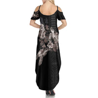 Hawaii Aloha Turtle Hibiscus and Leaves Summer Maxi Dress with Polynesian and Kakau Tattoos Black Color - Polynesian Pride