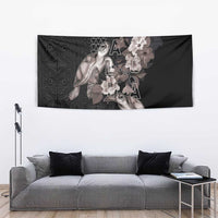 Hawaii Aloha Turtle Hibiscus and Leaves Tapestry with Polynesian and Kakau Tattoos Black Color - Polynesian Pride