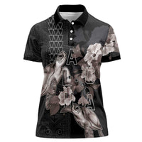 Hawaii Aloha Turtle Hibiscus and Leaves Women Polo Shirt with Polynesian and Kakau Tattoos Black Color - Polynesian Pride