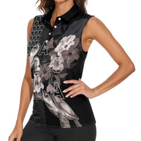 Hawaii Aloha Turtle Hibiscus and Leaves Women Sleeveless Polo Shirt with Polynesian and Kakau Tattoos Black Color - Polynesian Pride