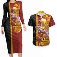 Papua New Guinea Independence Day Couples Matching Long Sleeve Bodycon Dress and Hawaiian Shirt Birds-of-Paradise Melanesian Tattoos Tropical Plants LT03 Multicolor - Polynesian Pride