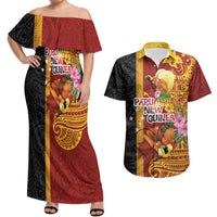 Papua New Guinea Independence Day Couples Matching Off Shoulder Maxi Dress and Hawaiian Shirt Birds-of-Paradise Melanesian Tattoos Tropical Plants LT03 Multicolor - Polynesian Pride