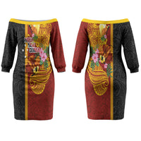 Papua New Guinea Independence Day Couples Matching Off The Shoulder Long Sleeve Dress and Hawaiian Shirt Birds-of-Paradise Melanesian Tattoos Tropical Plants LT03 - Polynesian Pride