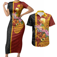 Papua New Guinea Independence Day Couples Matching Short Sleeve Bodycon Dress and Hawaiian Shirt Birds-of-Paradise Melanesian Tattoos Tropical Plants LT03 Multicolor - Polynesian Pride