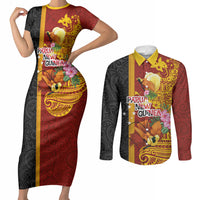 Papua New Guinea Independence Day Couples Matching Short Sleeve Bodycon Dress and Long Sleeve Button Shirt Birds-of-Paradise Melanesian Tattoos Tropical Plants LT03 Multicolor - Polynesian Pride