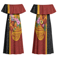Papua New Guinea Independence Day Family Matching Off Shoulder Maxi Dress and Hawaiian Shirt Birds-of-Paradise Melanesian Tattoos Tropical Plants LT03 Mom's Dress Multicolor - Polynesian Pride