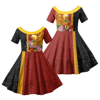 Papua New Guinea Independence Day Family Matching Off Shoulder Maxi Dress and Hawaiian Shirt Birds-of-Paradise Melanesian Tattoos Tropical Plants LT03 Daughter's Dress Multicolor - Polynesian Pride