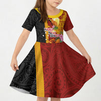 Papua New Guinea Independence Day Kid Short Sleeve Dress Birds-of-Paradise Melanesian Tattoos Tropical Plants LT03 KID Multicolor - Polynesian Pride