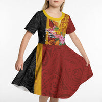 Papua New Guinea Independence Day Kid Short Sleeve Dress Birds-of-Paradise Melanesian Tattoos Tropical Plants LT03 - Polynesian Pride