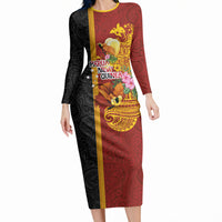 Papua New Guinea Independence Day Long Sleeve Bodycon Dress Birds-of-Paradise Melanesian Tattoos Tropical Plants LT03 Long Dress Multicolor - Polynesian Pride
